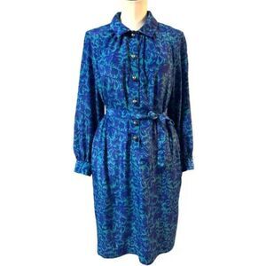SHRADER Vintage Blue Print Sz 12 Petite Office Church Long Sleeve Belted Dress